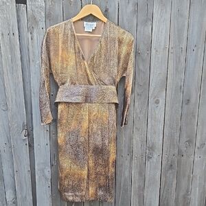 Worth Gold and Brown Sheath Dress with Dolman Sleeves 100 % Silk